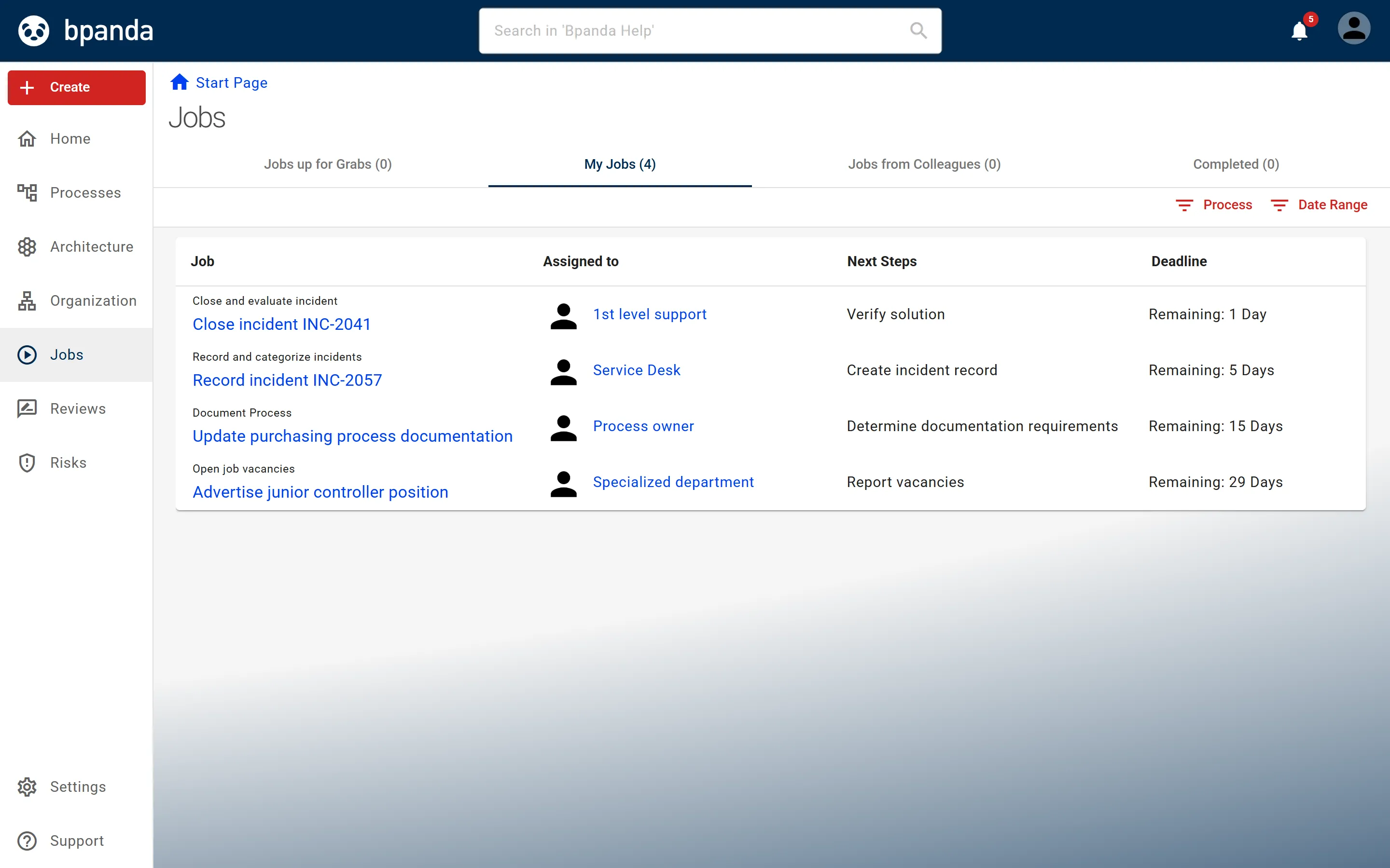 Jobs page on the My Jobs tab: for each job, the process, who it is assigned to, the next steps and the deadline