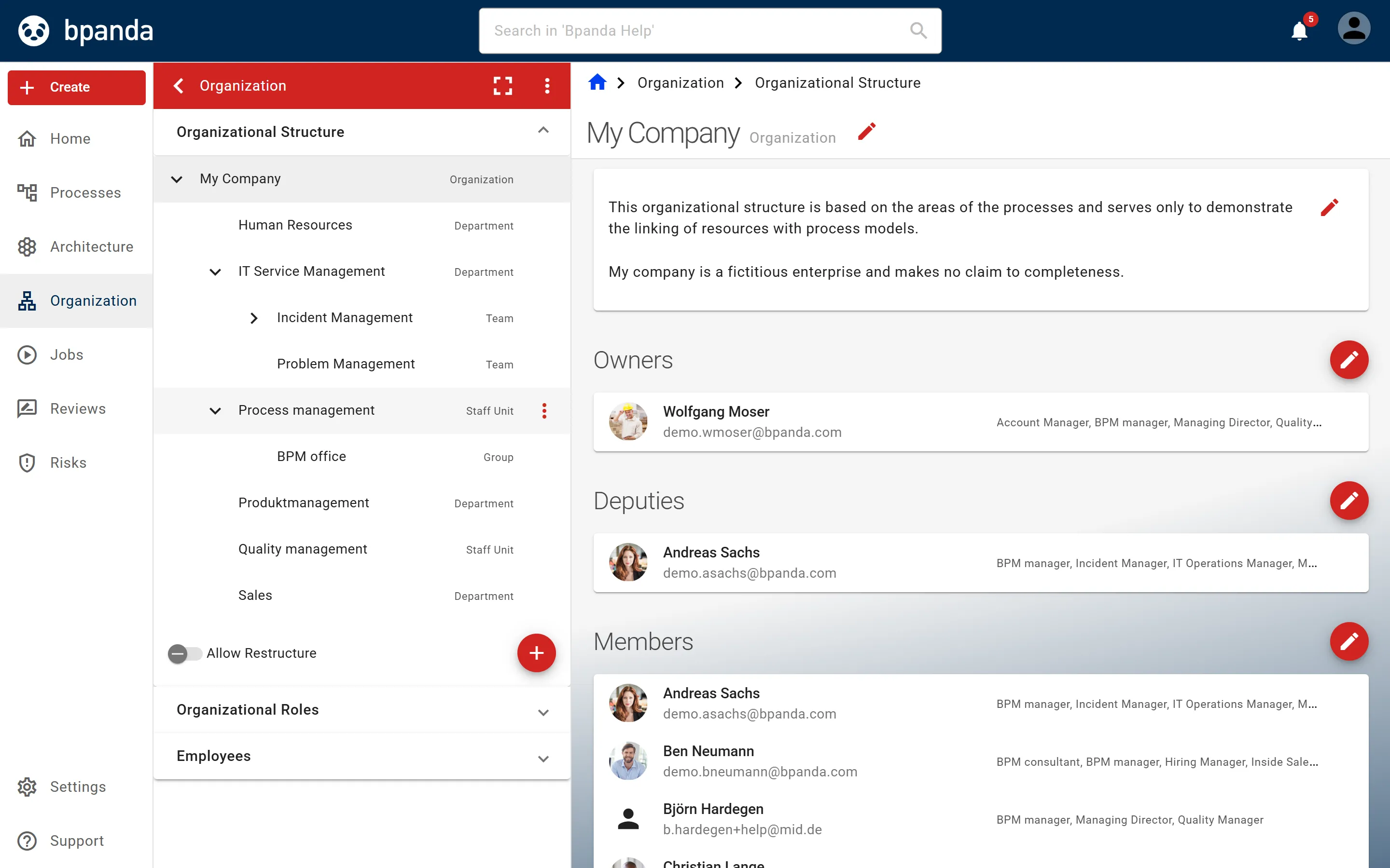 Organisation page: on the left the sections Organisational Structure, Organisational Roles and Employees, on the right the selected organisational unit with person responsible, deputy and members