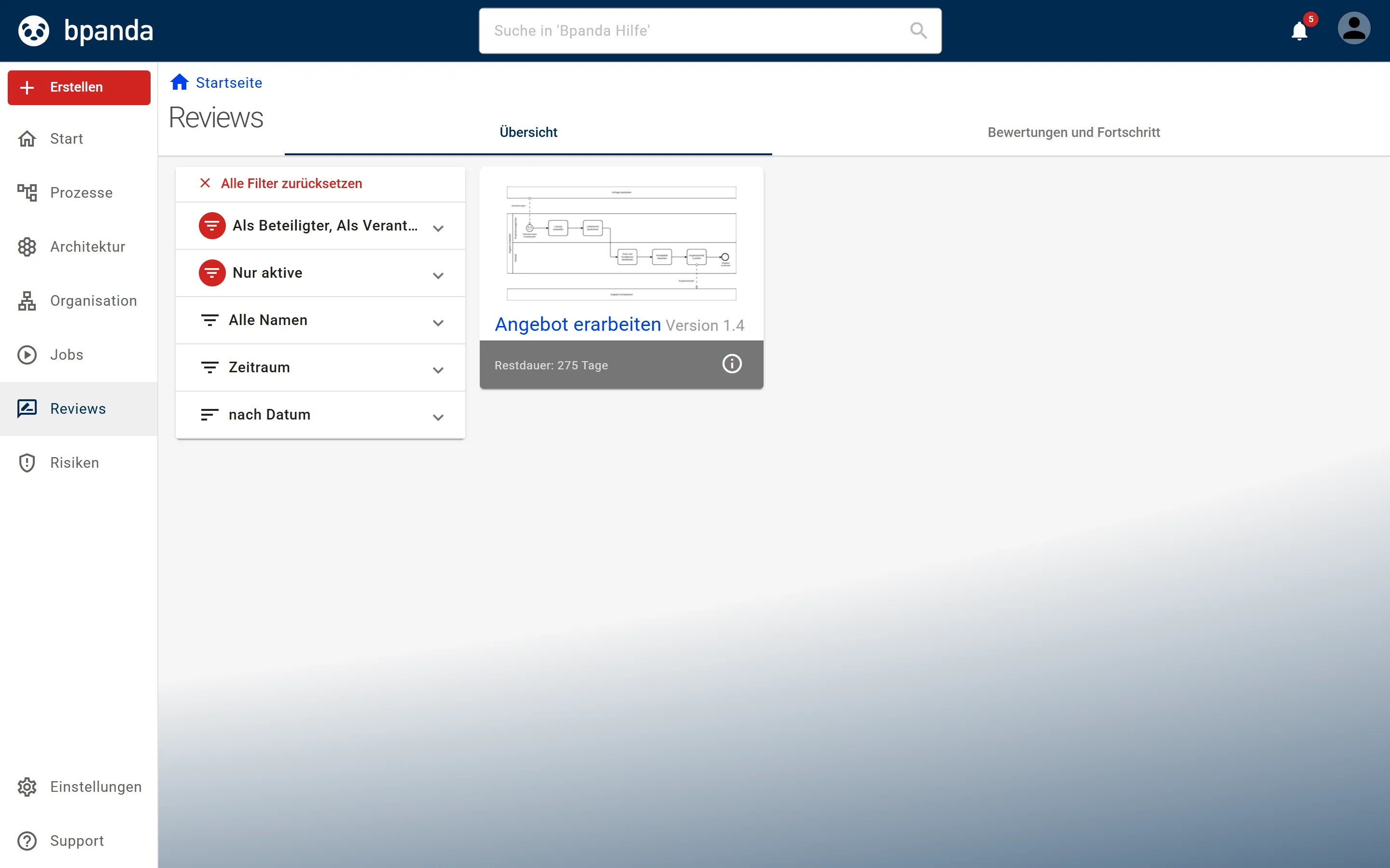 Seite Reviews im Register Übersicht: links die Filter, rechts je Review eine Kachel mit der Restdauer